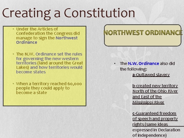 Creating a Constitution • Under the Articles of Confederation the Congress did manage to