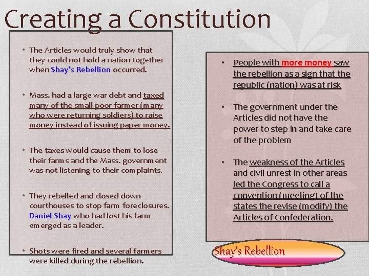 Creating a Constitution • The Articles would truly show that they could not hold