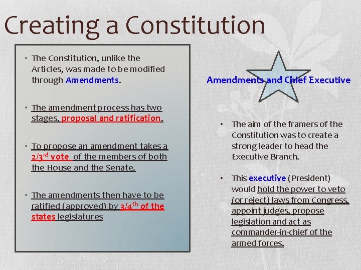 Creating a Constitution • The Constitution, unlike the Articles, was made to be modified
