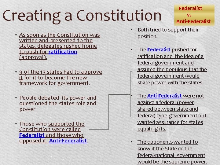Creating a Constitution • As soon as the Constitution was written and presented to