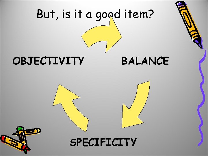 But, is it a good item? OBJECTIVITY BALANCE SPECIFICITY 