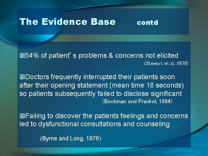 The Evidence Base contd ý 54% of patient’s problems & concerns not elicited (Stewart