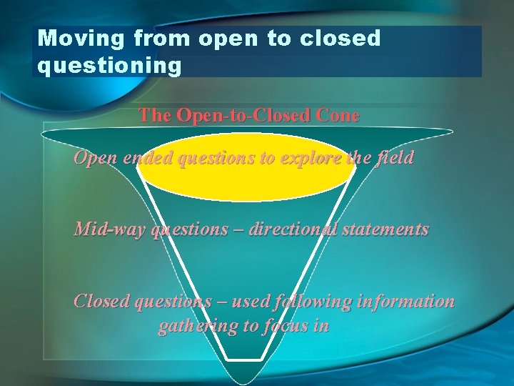 Moving from open to closed questioning The Open-to-Closed Cone Open ended questions to explore