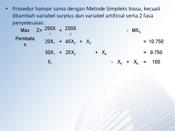  • Prosedur hampir sama dengan Metode Simpleks biasa, kecuali ditambah variabel surplus dan