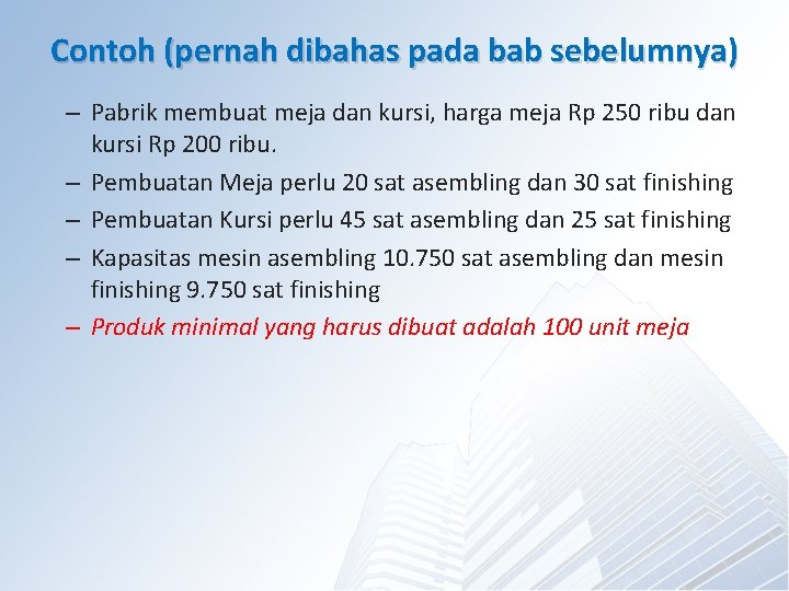 Contoh (pernah dibahas pada bab sebelumnya) – Pabrik membuat meja dan kursi, harga meja