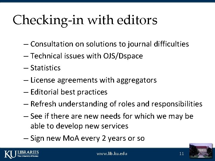 Checking-in with editors – Consultation on solutions to journal difficulties – Technical issues with