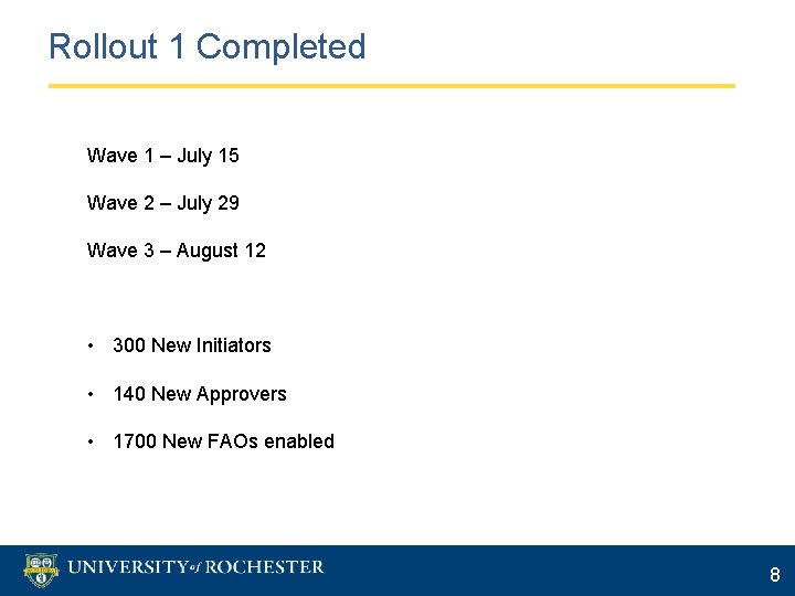 Rollout 1 Completed Wave 1 – July 15 Wave 2 – July 29 Wave