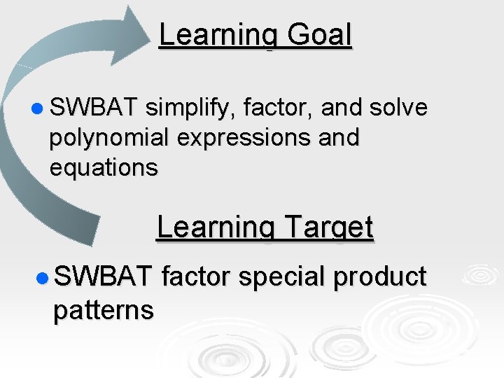 Learning Goal l SWBAT simplify, factor, and solve polynomial expressions and equations Learning Target Learning Goal l SWBAT simplify, factor, and solve polynomial expressions and equations Learning Target