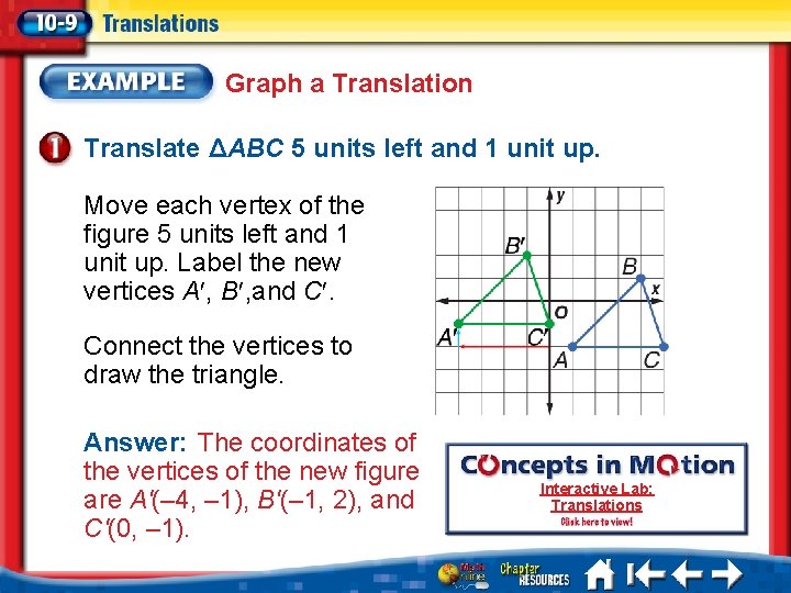 Graph a Translation Translate ΔABC 5 units left and 1 unit up. Move each