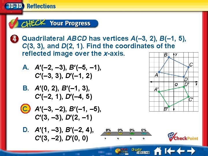 Quadrilateral ABCD has vertices A(– 3, 2), B(– 1, 5), C(3, 3), and D(2,