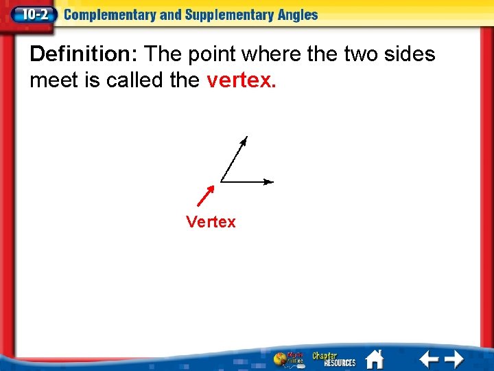 Definition: The point where the two sides meet is called the vertex. Vertex 