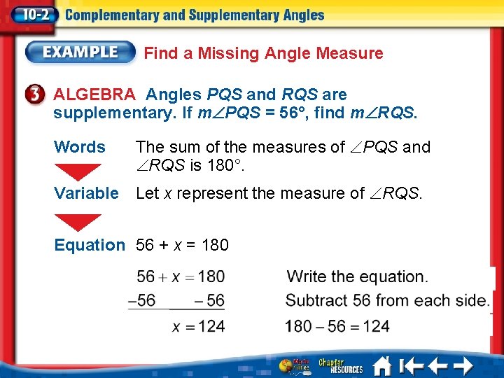 Find a Missing Angle Measure ALGEBRA Angles PQS and RQS are supplementary. If m