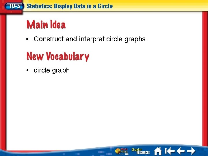  • Construct and interpret circle graphs. • circle graph 