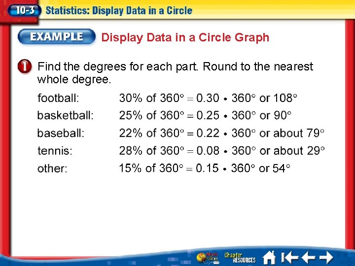 Display Data in a Circle Graph Find the degrees for each part. Round to