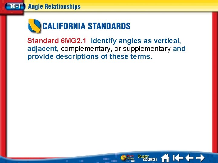 Standard 6 MG 2. 1 Identify angles as vertical, adjacent, complementary, or supplementary and