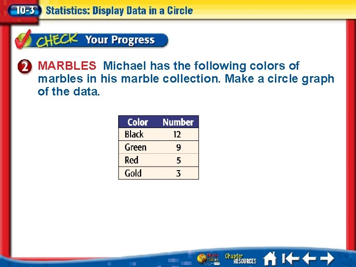 MARBLES Michael has the following colors of marbles in his marble collection. Make a