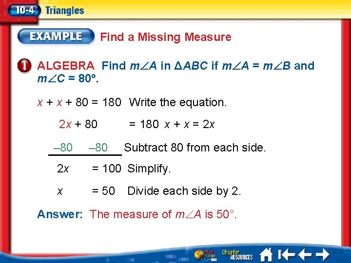 Find a Missing Measure ALGEBRA Find m A in ΔABC if m A =