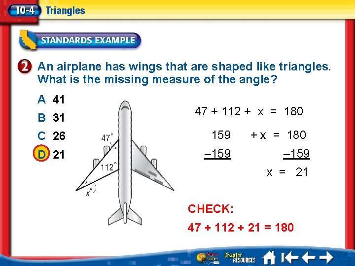 An airplane has wings that are shaped like triangles. What is the missing measure