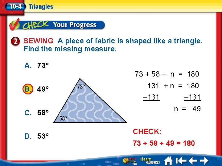 SEWING A piece of fabric is shaped like a triangle. Find the missing measure.