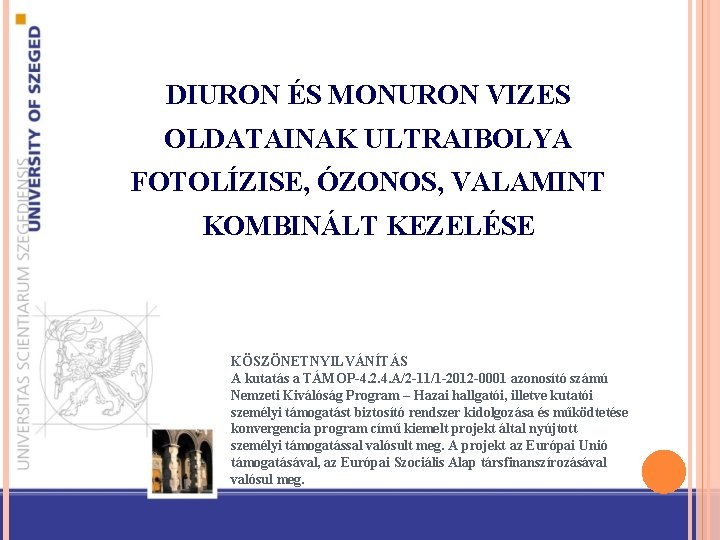 DIURON ÉS MONURON VIZES OLDATAINAK ULTRAIBOLYA FOTOLÍZISE, ÓZONOS, VALAMINT KOMBINÁLT KEZELÉSE KÖSZÖNETNYILVÁNÍTÁS A kutatás