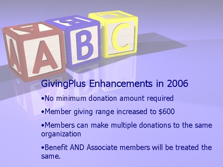 Giving. Plus Enhancements in 2006 • No minimum donation amount required • Member giving