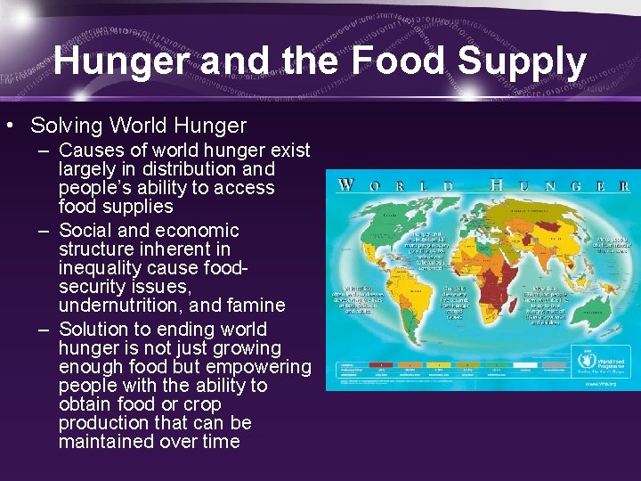 Hunger and the Food Supply • Solving World Hunger – Causes of world hunger