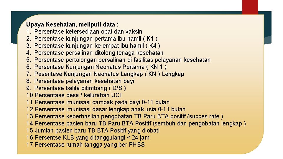 Upaya Kesehatan, meliputi data : 1. Persentase ketersediaan obat dan vaksin 2. Persentase kunjungan