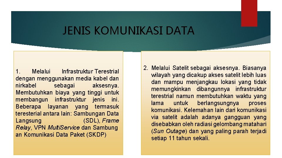 JENIS KOMUNIKASI DATA 1. Melalui Infrastruktur Terestrial dengan menggunakan media kabel dan nirkabel sebagai