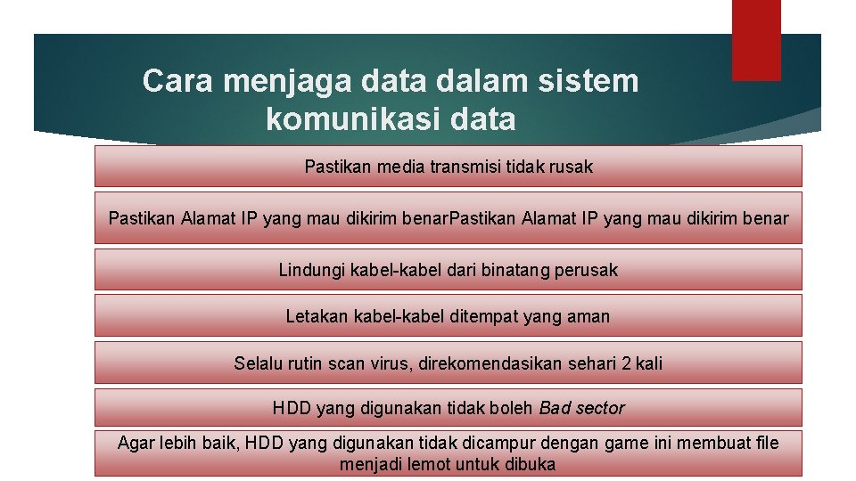 Cara menjaga data dalam sistem komunikasi data Pastikan media transmisi tidak rusak Pastikan Alamat