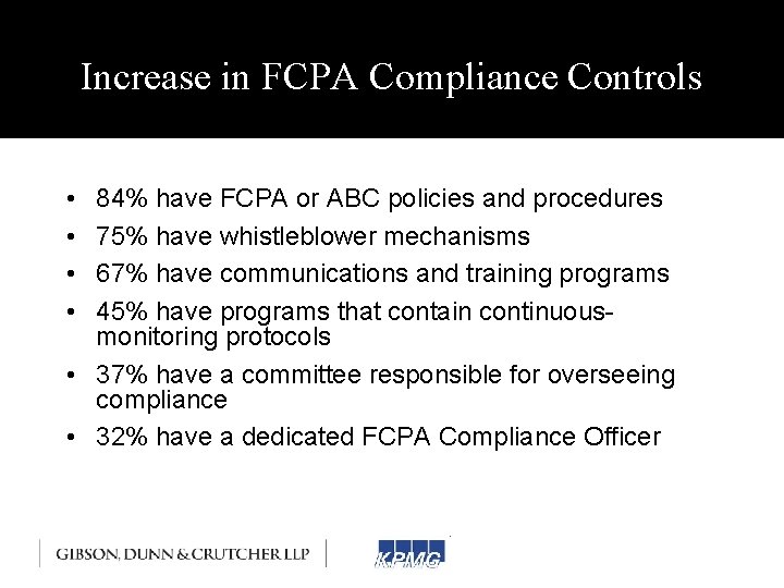 Increase in FCPA Compliance Controls • • 84% have FCPA or ABC policies and