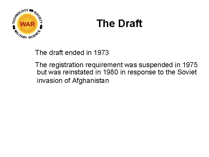 The Draft The draft ended in 1973 The registration requirement was suspended in 1975