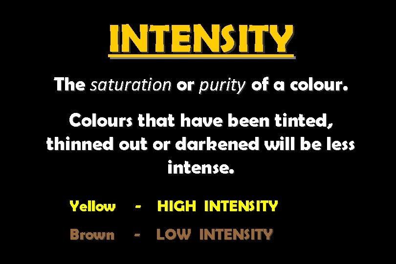 INTENSITY The saturation or purity of a colour. Colours that have been tinted, thinned