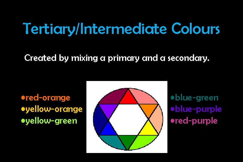 Tertiary/Intermediate Colours Created by mixing a primary and a secondary. • red-orange • yellow-green
