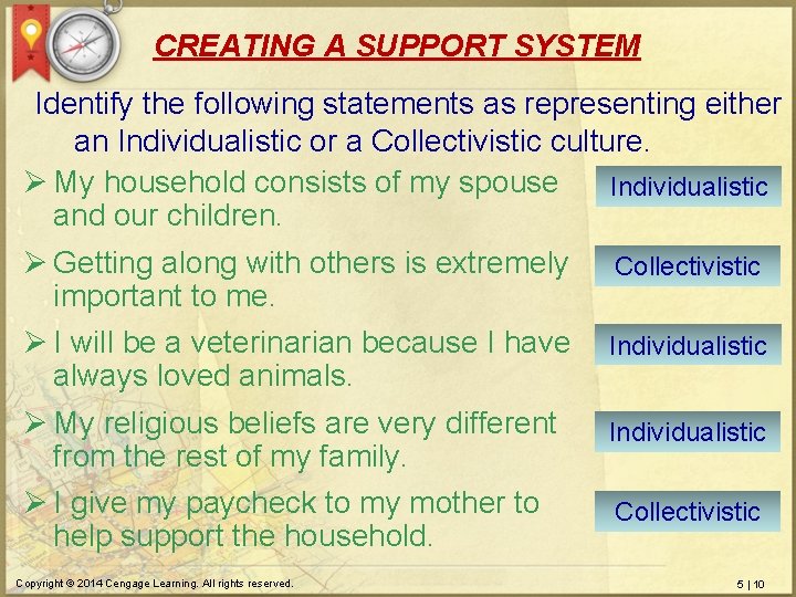 CREATING A SUPPORT SYSTEM Identify the following statements as representing either an Individualistic or