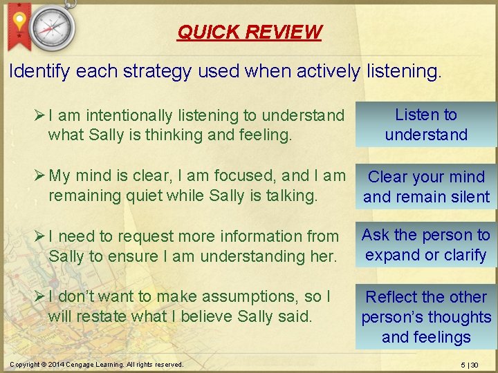 QUICK REVIEW Identify each strategy used when actively listening. Ø I am intentionally listening