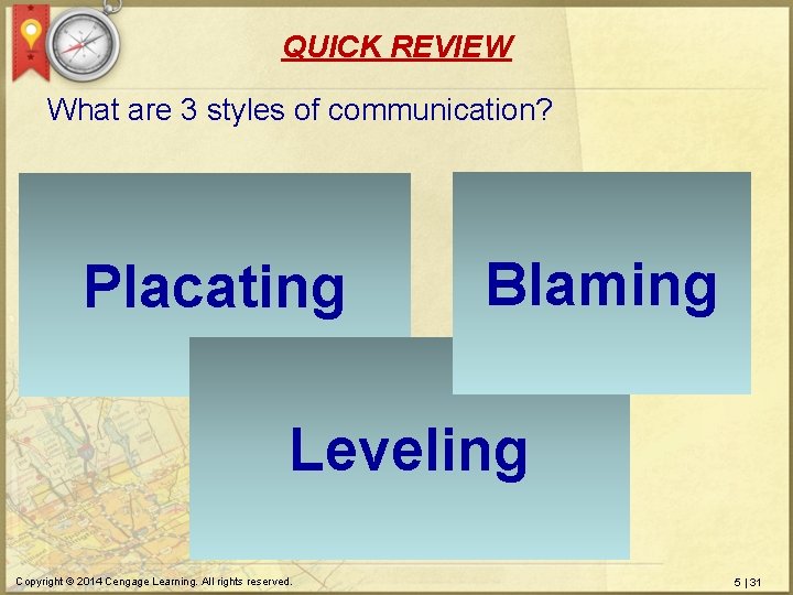 QUICK REVIEW What are 3 styles of communication? Placating Blaming Leveling Copyright © 2014