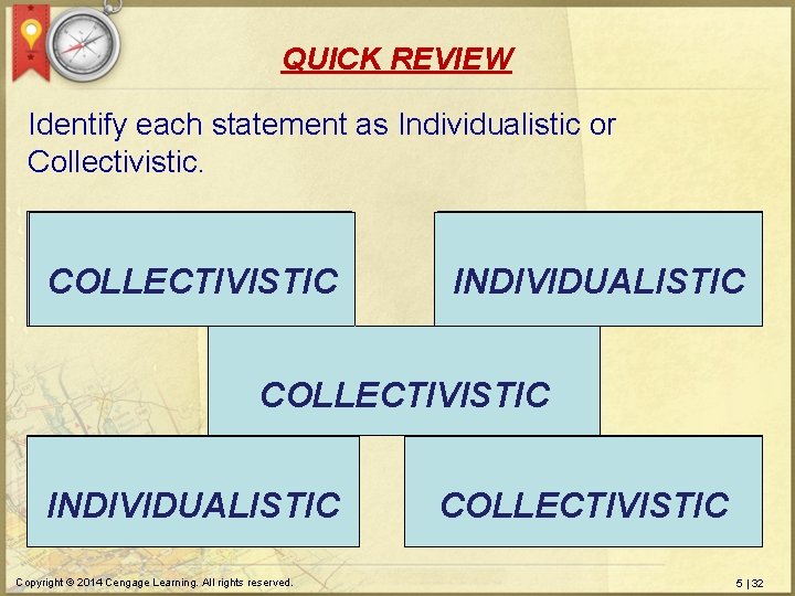 QUICK REVIEW Identify each statement as Individualistic or Collectivistic. Family unity, honor and respect