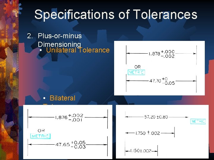 Specifications of Tolerances 2. Plus-or-minus Dimensioning • Unilateral Tolerance • Bilateral Tolerance 