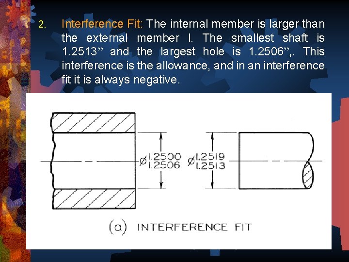 2. Interference Fit: The internal member is larger than the external member l. The