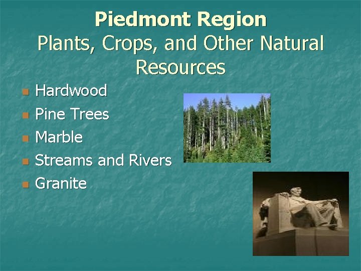 Piedmont Region Plants, Crops, and Other Natural Resources n n n Hardwood Pine Trees