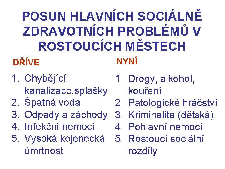 POSUN HLAVNÍCH SOCIÁLNĚ ZDRAVOTNÍCH PROBLÉMŮ V ROSTOUCÍCH MĚSTECH DŘÍVE NYNÍ 1. Chybějící kanalizace, splašky