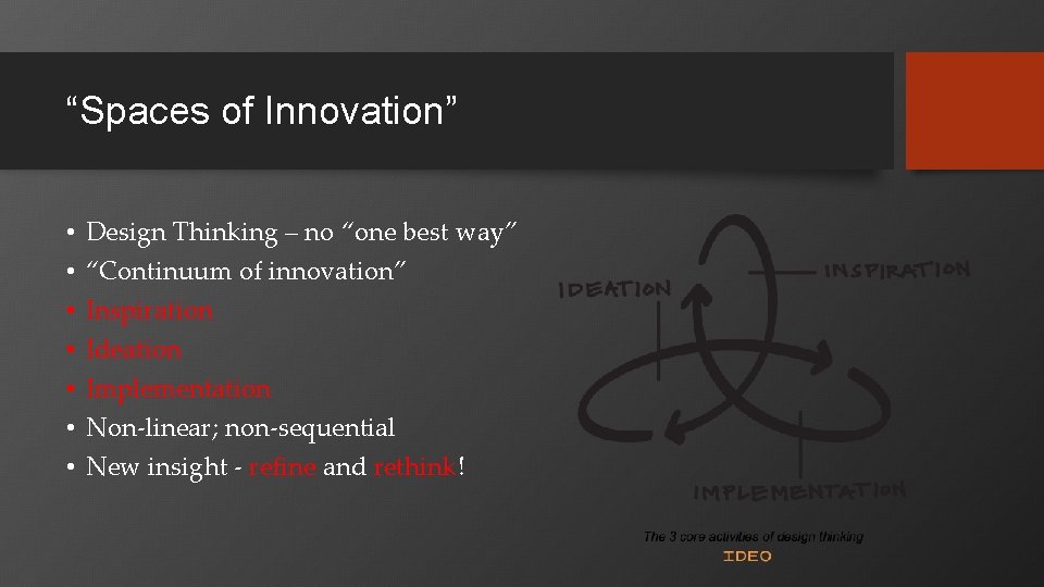 “Spaces of Innovation” • • Design Thinking – no “one best way” “Continuum of