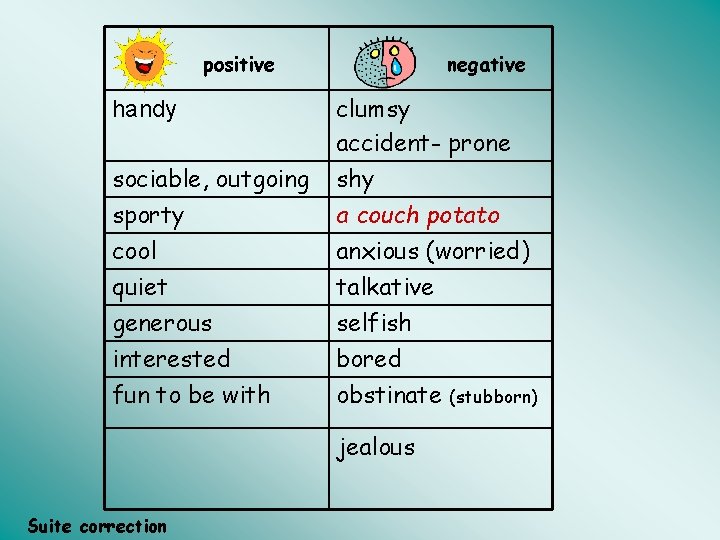 positive negative handy clumsy accident- prone sociable, outgoing shy sporty cool quiet generous interested