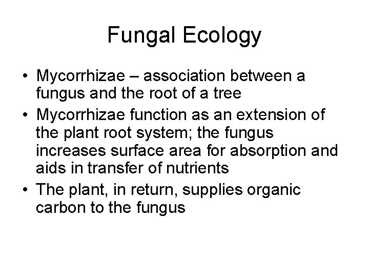 Fungal Ecology • Mycorrhizae – association between a fungus and the root of a