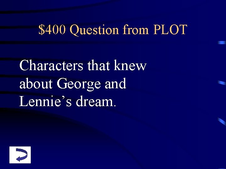 $400 Question from PLOT Characters that knew about George and Lennie’s dream. 