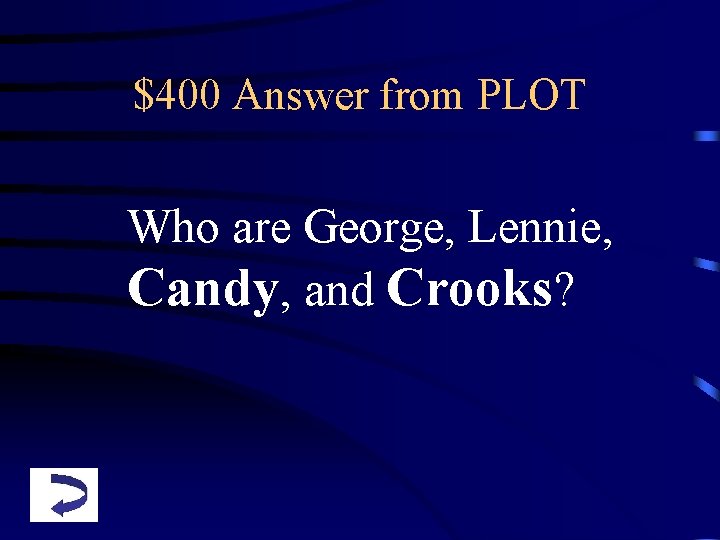 $400 Answer from PLOT Who are George, Lennie, Candy, and Crooks? 