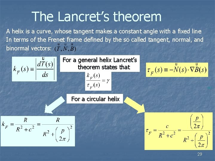 The Lancret’s theorem A helix is a curve, whose tangent makes a constant angle