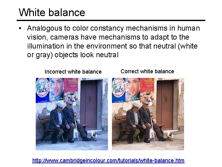 White balance • Analogous to color constancy mechanisms in human vision, cameras have mechanisms