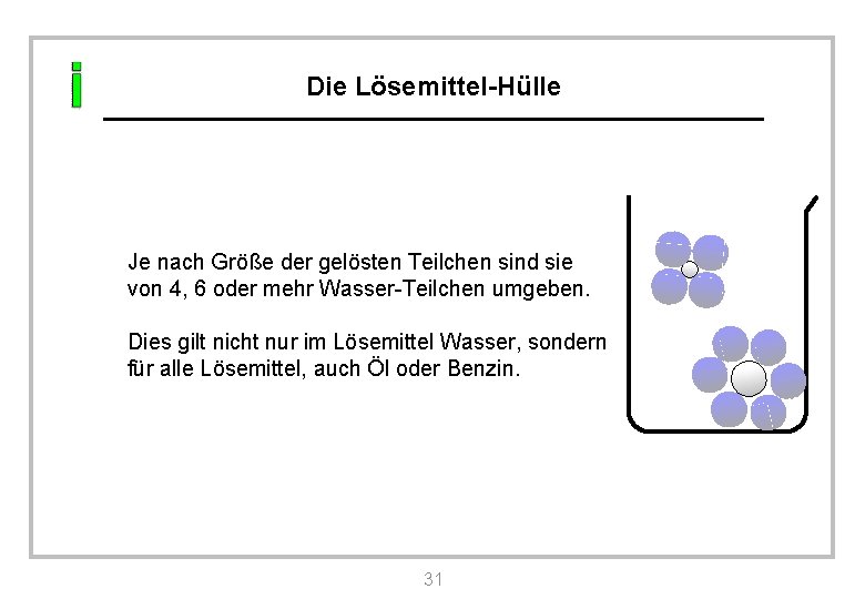 Die Lösemittel-Hülle Je nach Größe der gelösten Teilchen sind sie von 4, 6 oder