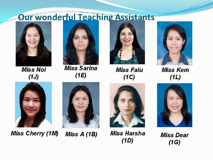 Our wonderful Teaching Assistants Miss Noi (1 J) Miss Sarina (1 E) Miss Falu Our wonderful Teaching Assistants Miss Noi (1 J) Miss Sarina (1 E) Miss Falu